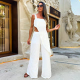 kamames Women Two Piece Set With Pants Round Neck Tie Up Sleeveless Pleated Top Wide Leg Loose Pants Suit Summer Office Lady Set