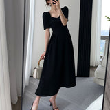 kamames New Elegant Midi Black Dress For Women Solid A Line Femme Fashion Office Lady Clothing Vestidos