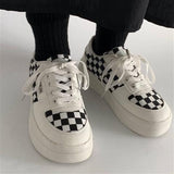 kamames spring and summer women's shoes thick-soled sneakers black and white plaid casual girls student vulcanized shoes Lace-up