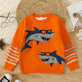 Boys Stylish Shark Pattern Sweater Round Neck Long Sleeve Stretch Warm Knit Pullover Top Kids Clothes Outdoor