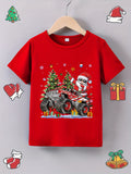 Christmas Truck Print Boy's Casual Short Sleeve T-Shirt, Lightweight & Comfortable Summer Top, Outdoor Cloth