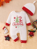 Adorable 'My First Christmas' Letter Print Romper & Hat Set for Baby Boys - Cozy Polyester Blend, Machine Washable - Perfect for Fall/Winter, Perfect for Outdoor