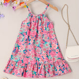 Adorable Floral Ruffle Hem Cami Dress for Girls - Loose Fit, Non-Stretch Polyester, Machine Washable, Perfect for Summer Party, Beach Vacation, and Outdoor Play - Woven, No Sheer, Easy Care