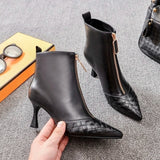 kamames Women High Heeled Short Boots 2023 NEW Weaved Pointed toe Winter Shoes,Ankle Botas,Front Zip BLACK  sapatos femininos