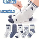 5 Pairs Of Boy's Trendy Cartoon Pentagram Striped Pattern Crew Socks, Breathable Comfy Casual Style Unisex Socks For Kids Outdoor All Seasons Wearing