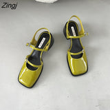 kamames Women's Red Sandals 2023 Summer Square Toe Shoes Women's Buckle Solid Color Newest Wedding Party High Heels Women's