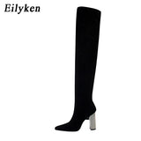 kamames Designer Stretch Cloth Women Over-the-knee Boots Metal Square High Heel Shoes Sexy Pointed Toe Ladies Motorcycle Booties