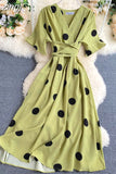 kamames Women Polka Dot Midi Dress Vintage V-Neck Short Flare Sleeve Bandage A-Line Vestidos Female Casual Robe New Fashion