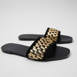 kamames ZARZ Slippers Woman 2022 Flat Shoes Spring Summer New Sexy Fashion Golden Weave Square Toe Flat-Heeled Beach Sandals For Women