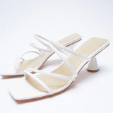 kamames ZA Brand 2022 Summer New White One Word With Fashion Square Toe High Heels Sexy Stiletto Muller Sandals And Slippers Women Shoes