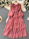 kamames Women Draped Long Dress Vintage V-Neck Lantern Sleeve High Waist A-Line Pleated Maxi Vestidos Purple/Red/Blue Robe New