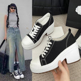 kamames High-Top Canvas Shoes Women's 2024 New Retro Thick Heels With Round Head Lace-Up Thick Soles And Small White Shoes