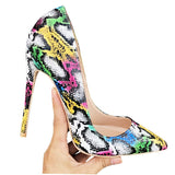 kamames Woman Shoes Pointed Toe High Heels Colourful Snake Print Stilettos 12 cm 10 cm 8 cm Wedding Shoes Girls QP049 ROVICIYA