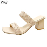 kamames New Fashion Summer Women Sandals Ladies Shallow Mouth Colorblock High Thick Shoes Middle Heel Ladies Slippers Plus Size