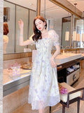 kamames Elegant Floral Chiffon Party Dress Women Fashion Puff Sleeve A Line Midi Dress Sweet Square Collar Korean Female Vestidos