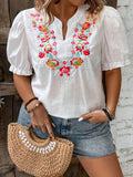 Plus Size Floral Embroidery Blouse - Chic Casual Mandarin Collar Lantern Sleeve Top with Delicate Floral Details, Perfect for Spring & Summer, Designed for Plus-Size Womens Clothing