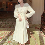 kamames Long White Dress Women French Vintage V-neck Lace Slim Y2K Dress Spring Korean One Piece Casual Evening Party Dress 2023