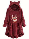 Women's Casual Christmas Reindeer Print Long Sleeve Teddy Hoodie with Kangaroo Pocket, Button Front Sweatshirt