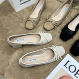 kamames Tie Shallow Mouth Single Shoes Women's Thick Heels 2024 Spring And Autumn New Style Square Head Middle Heel Grandma Shoes High Heel Work Shoes