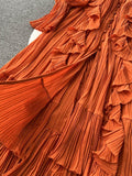 Zingj Chiffon Pleated Long Dress Women Vintage V-Neck Flare Sleeve Draped Ruffle Vestido Female Maxi Robe Spring Fall 1028-0