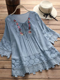 Plus Size Chic Blouse with Luxurious Floral Appliques - Dramatic Contrast Guipure Lace Tie Neck Top for Women