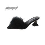 kamames new women's set toe-shaped non-slip high heels fashion rubber bottom elastic cloth summer shallow fur shoes
