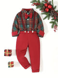 Boys' 2pcs Christmas Plaid Shirt & Suspender Pants Set - Perfect for Holidays, Birthdays, Weddings & More - Machine Washable