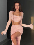 Pearl Sexy Dress Sets Women Square Collar Full Sleeve And Split Skirt Matching Sets Female Club Party Two Piece Set 921-1