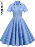 Zingj Women Summer Striped Print Party Flare Dress Robe Femme Retro Vintage Swing Prom Rockabilly Midi Dresses Vestidos 2022