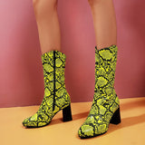 kamames Size Women's Shoes 44 45 Fashion Zipper Snake Print Women Mid Calf Boots LadiesThick High Heel Autumn Winter Short Boots
