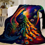 1pc Vibrant Peacock Print Flannel Blanket - Ultra-Soft, Warm, and Cozy Throw for Couch, Sofa, Office, Bed, Camping, and Travel - Perfect Multi-Purpose Gift for All Seasons