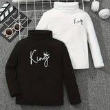 2pcs Boys KING Letter Print Knit Long Sleeve Half Turtleneck Top, Casual Long Sleeve T-shirt For Spring Fall Winter, Tops As Gifts