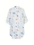 Plus Size Floral Delight - Womens Casual Button Up Blouse with Roll Up Long Sleeves, Mock Neck Tunic & Handy Pockets