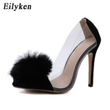 kamames 2023 New Sexy Feather Pointed Toe Women Pumps Sandals Fashion Slip On Black Ladies Thin High Heels Shoes Size 35-40