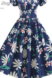 kamames Dress Women Puff Sleeve Swing Vintage Dresses Robe Femme Elegant Floral Print Pin Up Party Dresses Jurken