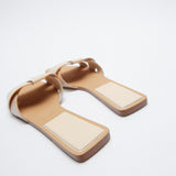 kamames ZARZ Sandals Women's Flat Bottom 2022 Summer New Leather Cross Decoration Flat-Heeled Sandals Beige Lazy Slippers Women Shoes