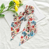 Korean Bow Long Ribbon Hair Scrunchie Chiffon Floral Print Sweet Elastic Hair Band Ponytail Hair Scarf Hair Tie Hair Accessories