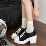 kamames High-Top Canvas Shoes Women's 2024 New Retro Thick Heels With Round Head Lace-Up Thick Soles And Small White Shoes