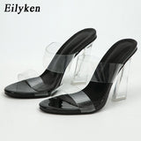 kamames Super Sexy Peep Toe PVC Transparent Hollow Women Summer Slippers Design Plexiglass Hoof Clear Heel Slides Shoes