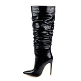 kamames Autumn Winter Women Boots Pleated Fashion Knee High Boots Sexy Thin High Heel Slip On Long Boots Pointed Toe Shoes Size 43