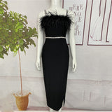 kamames Beading Bandages Dress Women Black Feathers Elegant Clothing Celebrity Party Club Bodycon Midi Dresses