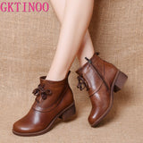 GKTINOO Genuine Leather Ankle Boots Retro Women Shoes 2021 New Autumn Winter Round Toe Square Heel Zip Cross-tied Women Boots