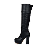 kamames Autumn Women Platform Knee High Boots Square High Heel Lacing Fashion Boots Winter Ladies Shoes Black Brown