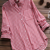 Plus Size Womens Lapel Collar Plaid Gingham Print Casual Long Sleeve Shirt - Soft Non-Stretch Polyester Fabric, Woven Construction, Perfect for Spring and Fall Seasons