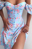 Zingj Women Summer Dress Sexy V Neck Floral Print Boho Beach Dress Split Off the Shoulder A Line Mini Sundress Robe S~3XL