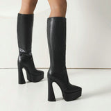 kamames Crocodile Leather Women Knee High Boots Fashion Platform Suqare High Heel Punk Boots Pointed Toe Motorcycle Boots Lady Shoe