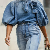 Fashionable Womens Denim Top - Chic Puff Sleeves with Bowknot Accent - Timeless Plain Design - Distressed Washed Look - Versatile & Feminine Casual Style