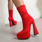 kamames Blue Women Ankle Boots 2022 Stretch Fabric Platform Square High Heel Punk Boots Pointed Toe Autumn Winter Ladies Shoes
