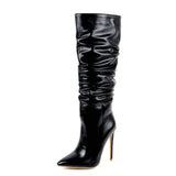 kamames Autumn Winter Women Boots Pleated Fashion Knee High Boots Sexy Thin High Heel Slip On Long Boots Pointed Toe Shoes Size 43