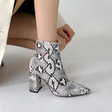 kamames Zipper Women Boots Snake Print Ankle Boots Female Square Heels Sexy Pointed toe Ladies Shoes Footwear Chelsea Boots